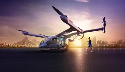 A futuristic eVTOL flying taxi is showcased against a stunning sunset skyline, highlighting the innovation in aircraft design. Perfect as a 4K Ultra HD desktop wallpaper.