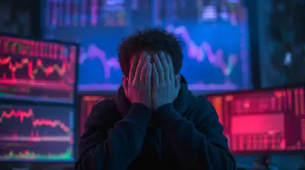A frustrated individual covers their face in front of multiple screens displaying a stock market crash, captured in a dramatic 4K Ultra HD wallpaper.