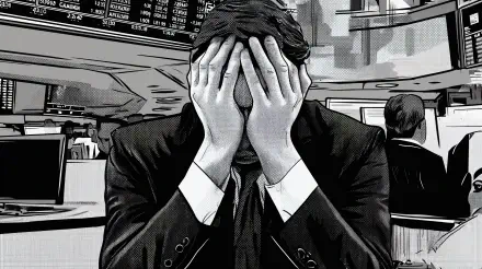 A distressed man in a suit covers his face in a stock market trading room, reflecting the intensity of a market crash. 4K Ultra HD wallpaper captures the emotional turmoil.