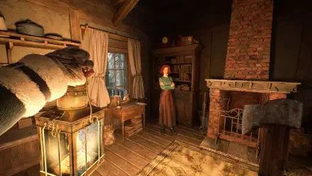 A captivating HD wallpaper from the video game Stygian: Outer Gods, featuring a warmly lit room with a woman standing by a fireplace, surrounded by shelves and a cozy atmosphere.