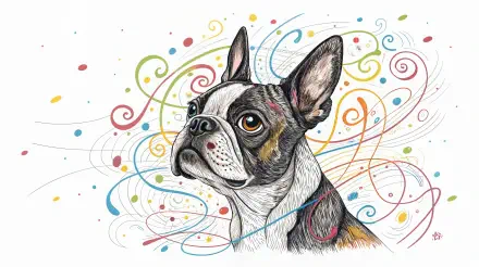 A vibrant illustration of a Boston Terrier with expressive eyes, surrounded by colorful swirls and patterns, designed as a 4K Ultra HD desktop wallpaper.