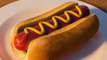 A close-up 4K Ultra HD image of a fast food hot dog with a sausage topped with a zigzag of mustard in a soft bun on a white plate.
