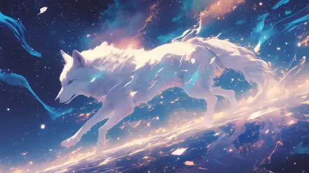 A mystical white wolf charges through a cosmic landscape, surrounded by vibrant stars and swirling colors, creating a captivating fantasy scene perfect for an anime-themed desktop background.