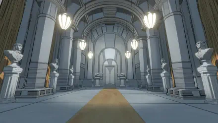 A stunning 4K Ultra HD wallpaper featuring a grand, hollow space adorned with ornate columns, elegant lighting, and statues, inspired by the video game Blue Prince.