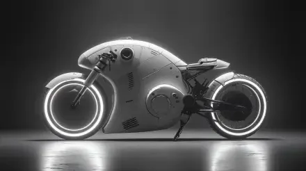A futuristic motorcycle with sleek, aerodynamic design and illuminated wheels set against a dark background, showcased as a stunning 4K Ultra HD PC desktop wallpaper.