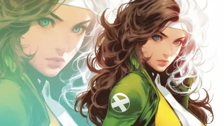 A vibrant HD wallpaper featuring Rogue from X-Men, showcasing her iconic green jacket and striking green eyes, capturing the essence of this powerful Marvel character.