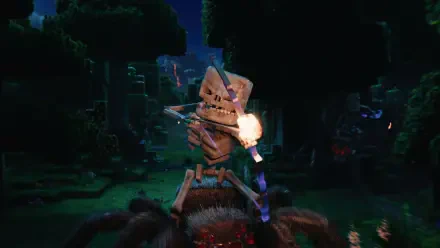 A 4K Ultra HD wallpaper from the Minecraft movie, featuring a skeleton character riding a spider in a dark, blocky forest setting, showcasing vibrant colors and adventurous themes.