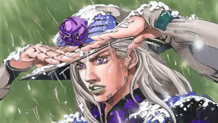 Anime-inspired HD wallpaper featuring a character from Jojo's Bizarre Adventure: Steel Ball Run, with striking purple eyes and a dramatic expression under rain.