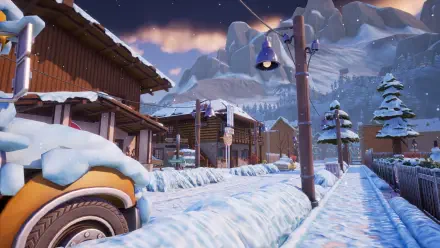 A serene winter scene from the video game Neighbors: Suburban Warfare, showcasing snow-covered houses and a quiet street under a mountainous backdrop in vibrant 4K Ultra HD.