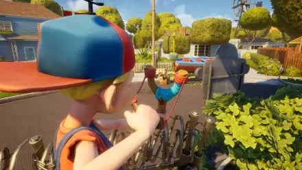 A colorful scene from the video game Neighbors: Suburban Warfare, featuring a young character aiming with a bow in a vibrant suburban neighborhood with lush greenery.