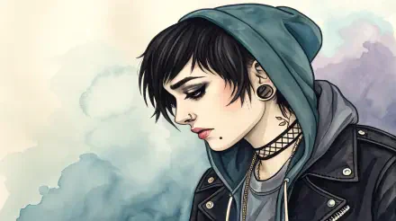 Emo-styled digital art of a pensive young person with black hair, piercings, and a hoodie, rendered in 4K Ultra HD as a PC desktop wallpaper and background.