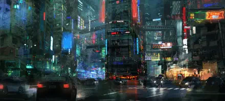 HD PC desktop wallpaper showcasing a vibrant cyberpunk cityscape at night with neon-lit streets and towering futuristic buildings.