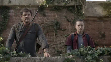 4K Ultra HD wallpaper featuring Joel and Ellie from The Last of Us Season 2 TV show, set against a rustic brick wall with greenery.