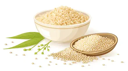 Close-up of quinoa grains in a bowl and wooden scoop with green leaves, presented as a vibrant 4K Ultra HD PC desktop wallpaper and background.