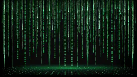 The Matrix-inspired 4K Ultra HD PC desktop wallpaper features cascading green digital code on a black background, creating a futuristic cybernetic atmosphere.