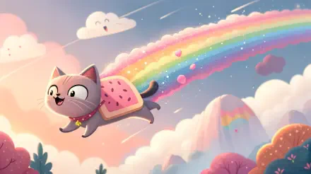 4K Ultra HD PC desktop wallpaper featuring a cheerful nyan cat flying through a pastel sky, leaving a trail of colorful rainbow and hearts behind.