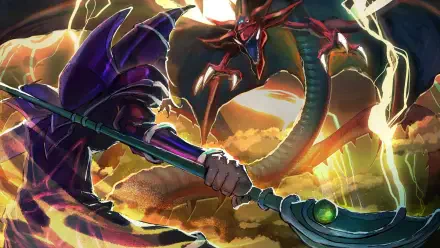 HD anime desktop wallpaper featuring Yu-Gi-Oh! characters Dark Magician and Slifer the Sky Dragon amidst a dramatic, lightning-filled battle scene.