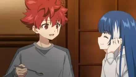 Anime HD desktop wallpaper featuring two characters from Mission: Yozakura Family, a red-haired boy and a blue-haired girl sharing a warm moment indoors.