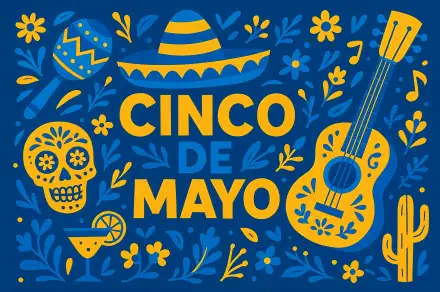 Colorful Cinco de Mayo 4K Ultra HD desktop wallpaper featuring a sombrero, guitar, sugar skull, maracas, cactus, and festive floral patterns on a vibrant blue background.