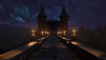 POV of a dark, atmospheric stone bridge leading to a fortress at night, captured from the video game The Elder Scrolls IV: Oblivion in HD PC desktop wallpaper quality.