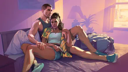 4K Ultra HD PC wallpaper featuring two characters from the video game Grand Theft Auto VI in a vibrant, sunlit room with a relaxed, intimate atmosphere.