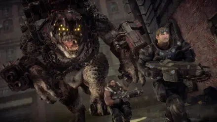 4K Ultra HD Gears of War: Reloaded wallpaper featuring two armored soldiers battling a monstrous creature in a dark, industrial setting.