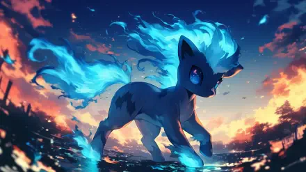 HD anime-style desktop wallpaper featuring a shiny Ponyta Pokémon with vibrant blue flames on its mane and tail against a colorful sunset background.