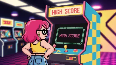 Retro 90s arcade scene in 4K Ultra HD, featuring a pixel art character playing a high score game on a classic arcade machine in a vibrant, neon-lit gaming room.