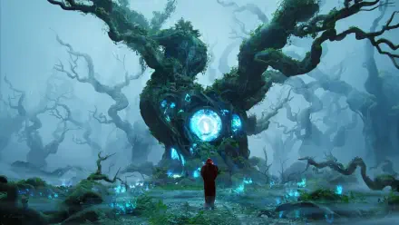 A person stands before a massive, glowing magical tree in a foggy fantasy forest, rendered in stunning 4K Ultra HD as a captivating PC desktop wallpaper.