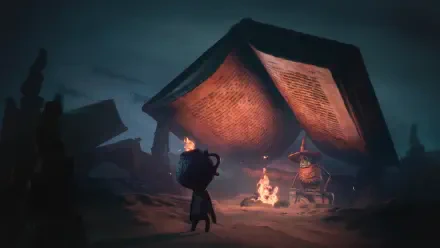 HD PC desktop wallpaper from the video game The Midnight Walk, featuring a mysterious figure near a glowing bonfire under a large, open book structure at night.