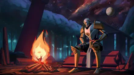HD gaming art wallpaper featuring a paladin from ULTRAKILL sitting by a bonfire under a starry night sky in a forest setting.