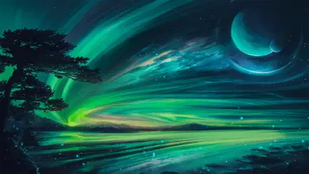 HD PC desktop wallpaper showcasing a vibrant green aurora borealis sweeping across a night sky over a serene landscape with silhouetted trees and a glowing planet.