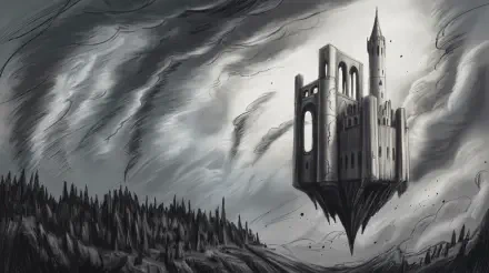 4K Ultra HD desktop wallpaper depicting a dark, flying castle soaring above a forest under a stormy, swirling sky.