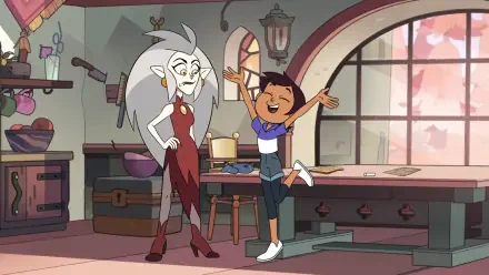HD desktop wallpaper featuring Eda Clawthorne and Luz Noceda from the TV show The Owl House, set in a cozy, magical kitchen scene.