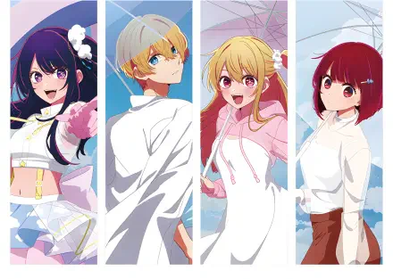 2K Quad HD PC desktop wallpaper: Anime Oshi no Ko quartet in four vertical panels — dark, silver, blonde, and red-haired idols against soft pastel backgrounds.