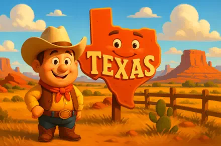 Colorful 4K Ultra HD PC desktop wallpaper featuring a smiling cowboy next to a cartoon Texas state sign in a vibrant desert landscape under a blue sky.