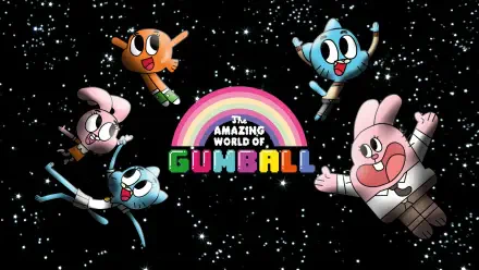 HD desktop wallpaper of The Amazing World of Gumball featuring Gumball, Darwin, and Anais Watterson against a starry space background with a colorful rainbow logo.