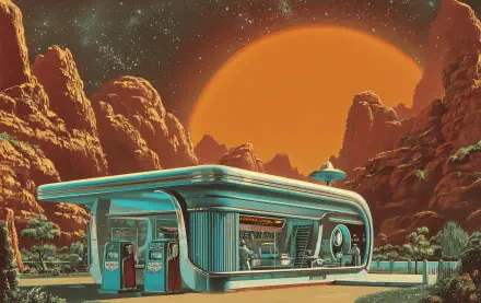 Futuristic sci-fi gas station with vintage aesthetic set in a desert landscape, featuring rocky formations and a large orange sun under a starry sky.