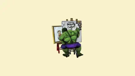 HD comic-style desktop wallpaper featuring a humorous scene of Bruce Banner transforming into the Hulk while painting a self-portrait from The Incredible Hulk series.