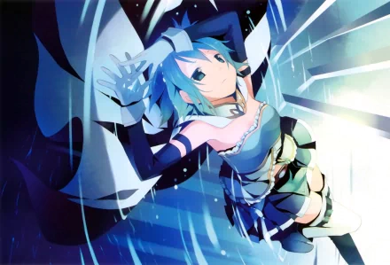 HD PC desktop wallpaper featuring Sayaka Miki from the anime Puella Magi Madoka Magica in a dynamic, vibrant pose with blue and white tones.