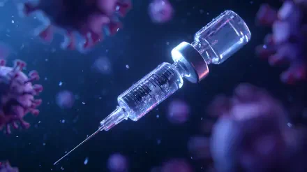 4K Ultra HD PC desktop wallpaper featuring a detailed vaccine vial and syringe surrounded by virus particles in a dark, glowing environment.