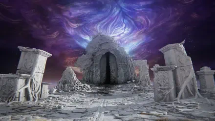HD PC desktop wallpaper featuring a mysterious stone door surrounded by ruins under a swirling purple sky from the video game Elden Ring Nightreign.