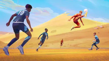 4K Ultra HD video game wallpaper featuring an intense desert soccer match titled REMATCH, capturing dynamic player movements and vibrant colors on a PC desktop background.