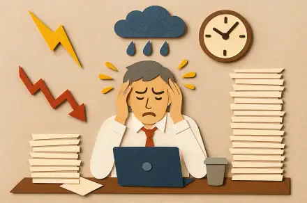 A 4K Ultra HD desktop wallpaper depicting workplace stress: a stressed man at a cluttered desk with a laptop, storm cloud overhead, clock, and piles of paperwork.