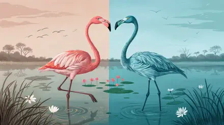 4K Ultra HD desktop wallpaper featuring a stylized pink flamingo on the left and a blue flamingo on the right, standing gracefully in a serene water landscape.
