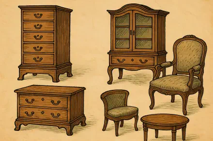 4K Ultra HD PC desktop wallpaper featuring detailed illustrations of antique furniture pieces including drawers, cabinets, and upholstered chairs on a beige background.