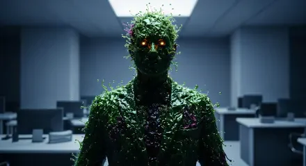 A futuristic office worker figure made of glowing green vines with orange eyes stands in a dimly lit corporate workspace, rendered in 4K Ultra HD detail.