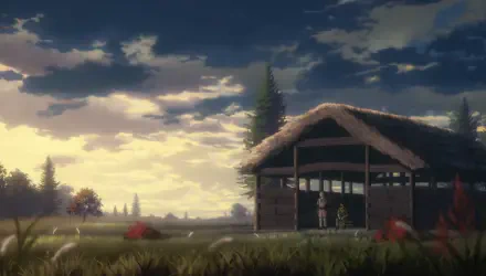 Anime-style HD Vinland Saga desktop wallpaper featuring a serene countryside scene with a rustic wooden shelter under a cloudy sky at sunset.