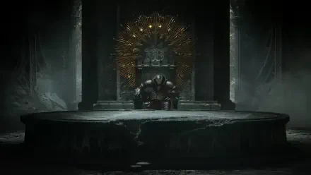 Dark, moody HD desktop wallpaper from the video game Tainted Grail: The Fall of Avalon, featuring a lone armored figure seated on a throne in a shadowy, ominous setting.