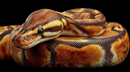 Close-up of a ball python coiled against a black background, showcasing its detailed scales in vibrant brown, yellow, and black tones, captured in 4K Ultra HD.